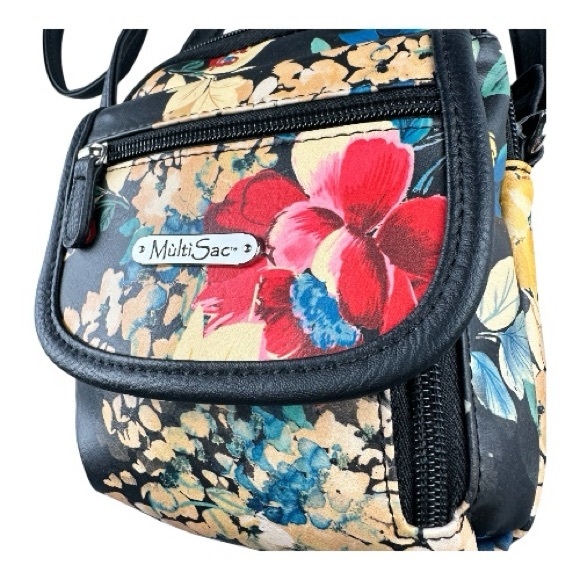 Multisac Handbags - MultiSac Black Floral Crossbody Bag Purse With Adjustable Strap